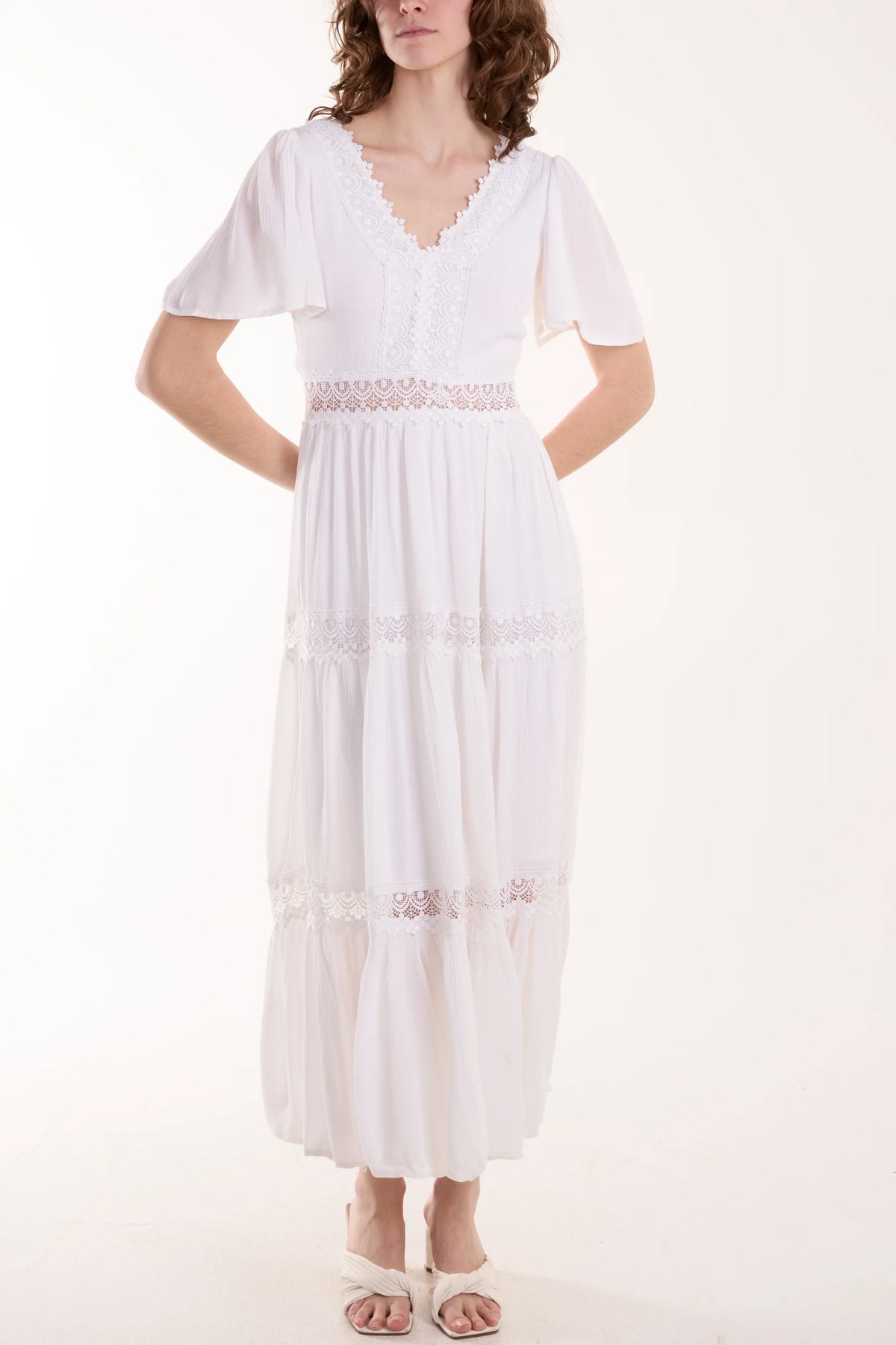 LMA Angel Sleeve Lace Tiered Maxi White Dress