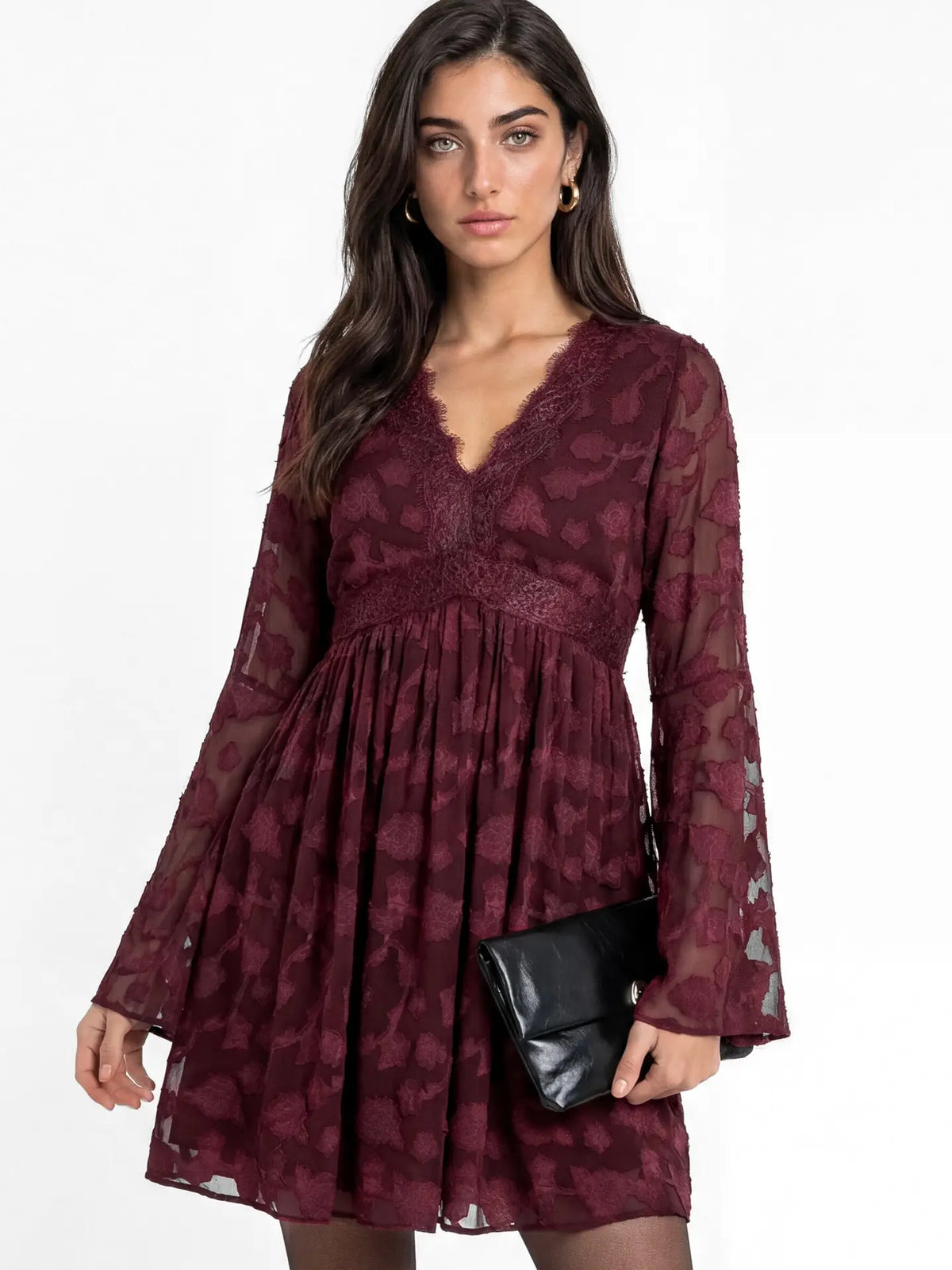 Lovedrobe Berry Floral Burnout Long Sleeve Mini Dress