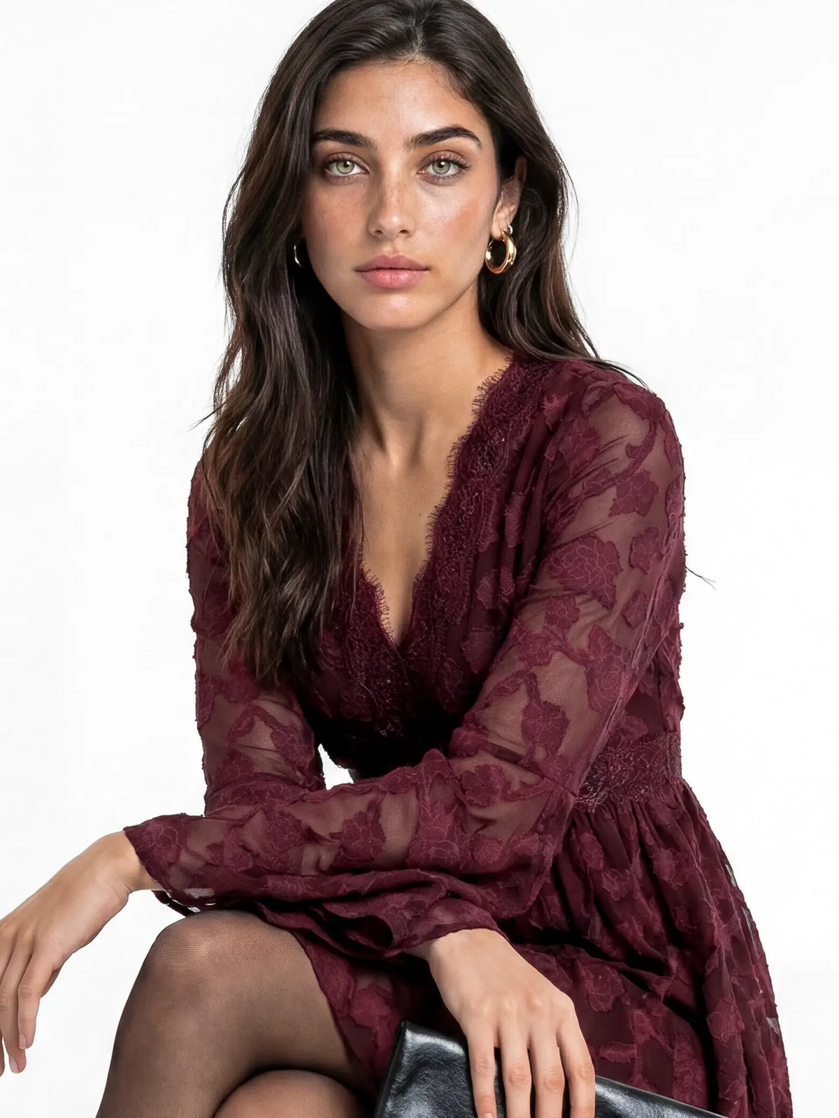 Lovedrobe Berry Floral Burnout Long Sleeve Mini Dress