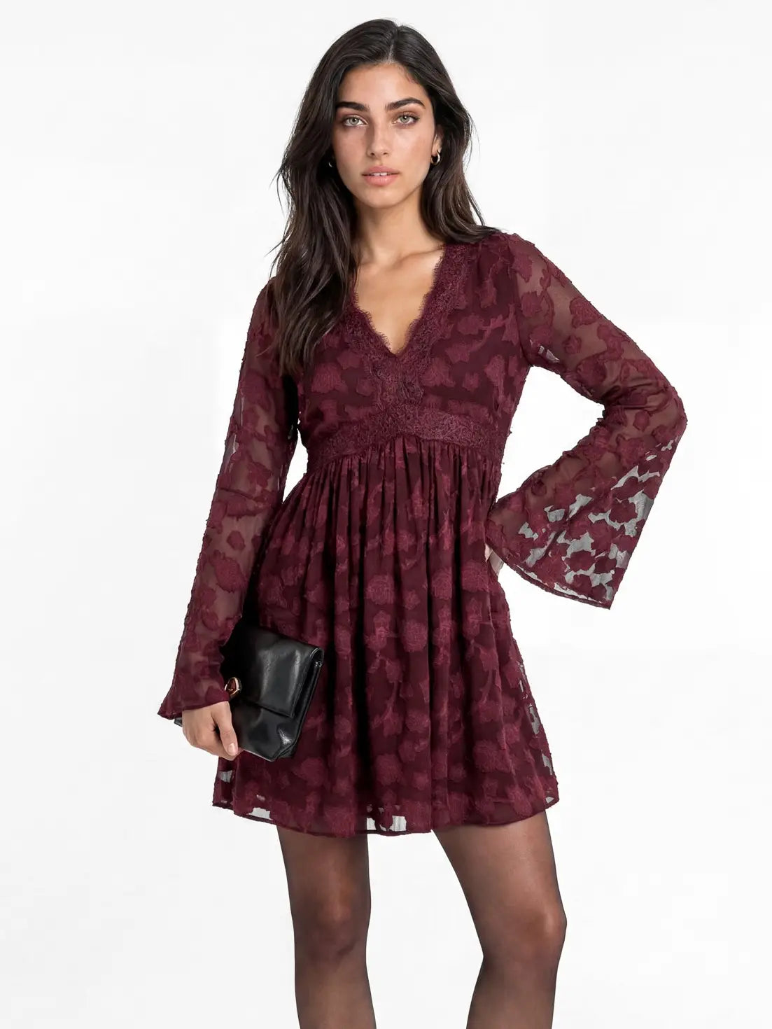 Lovedrobe Berry Floral Burnout Long Sleeve Mini Dress