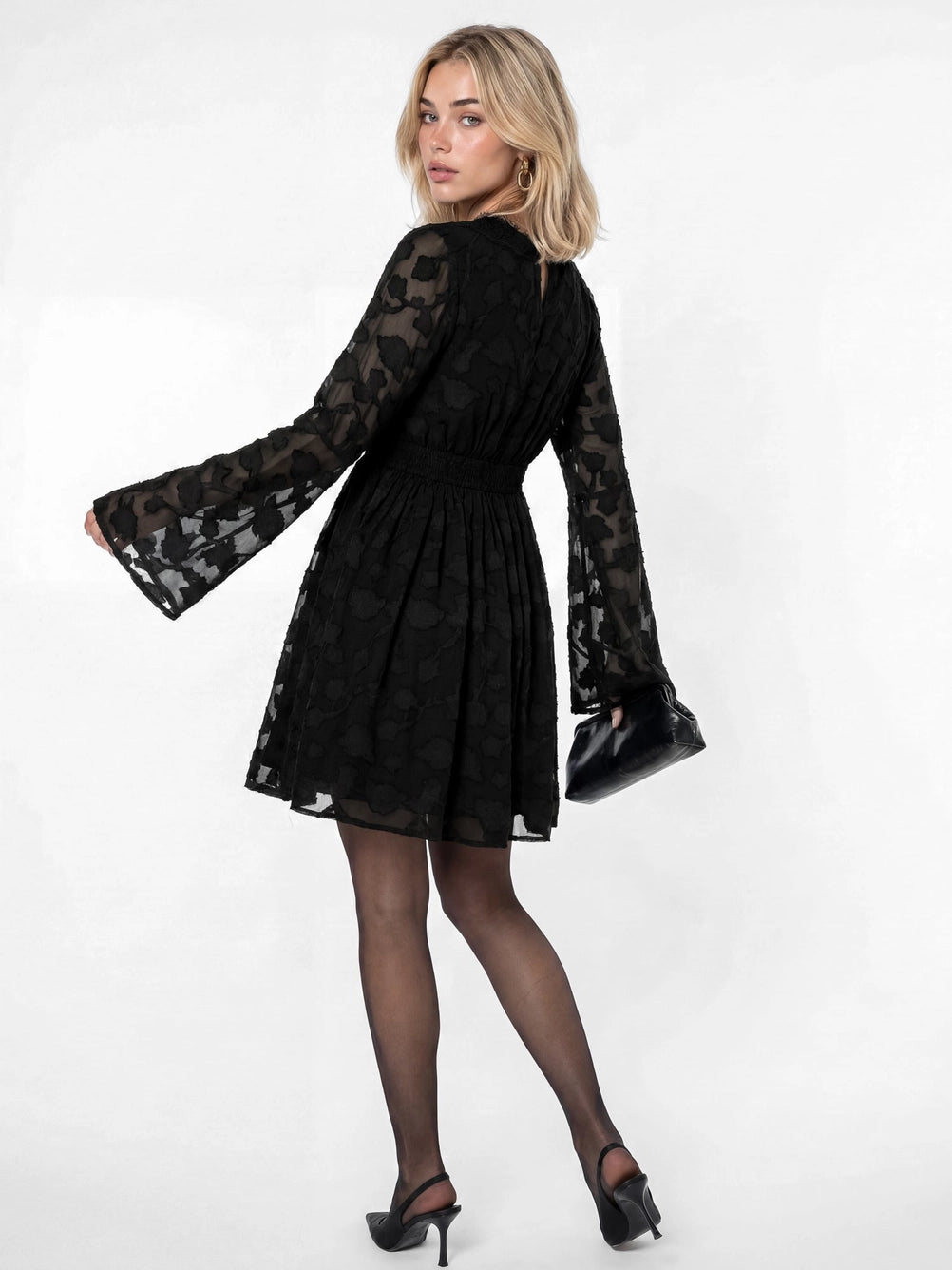 Lovedrobe Black Floral Burnout Long Sleeve Mini Dress