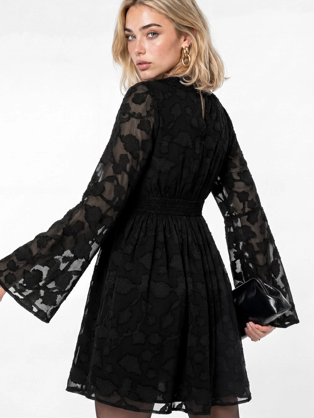 Lovedrobe Black Floral Burnout Long Sleeve Mini Dress