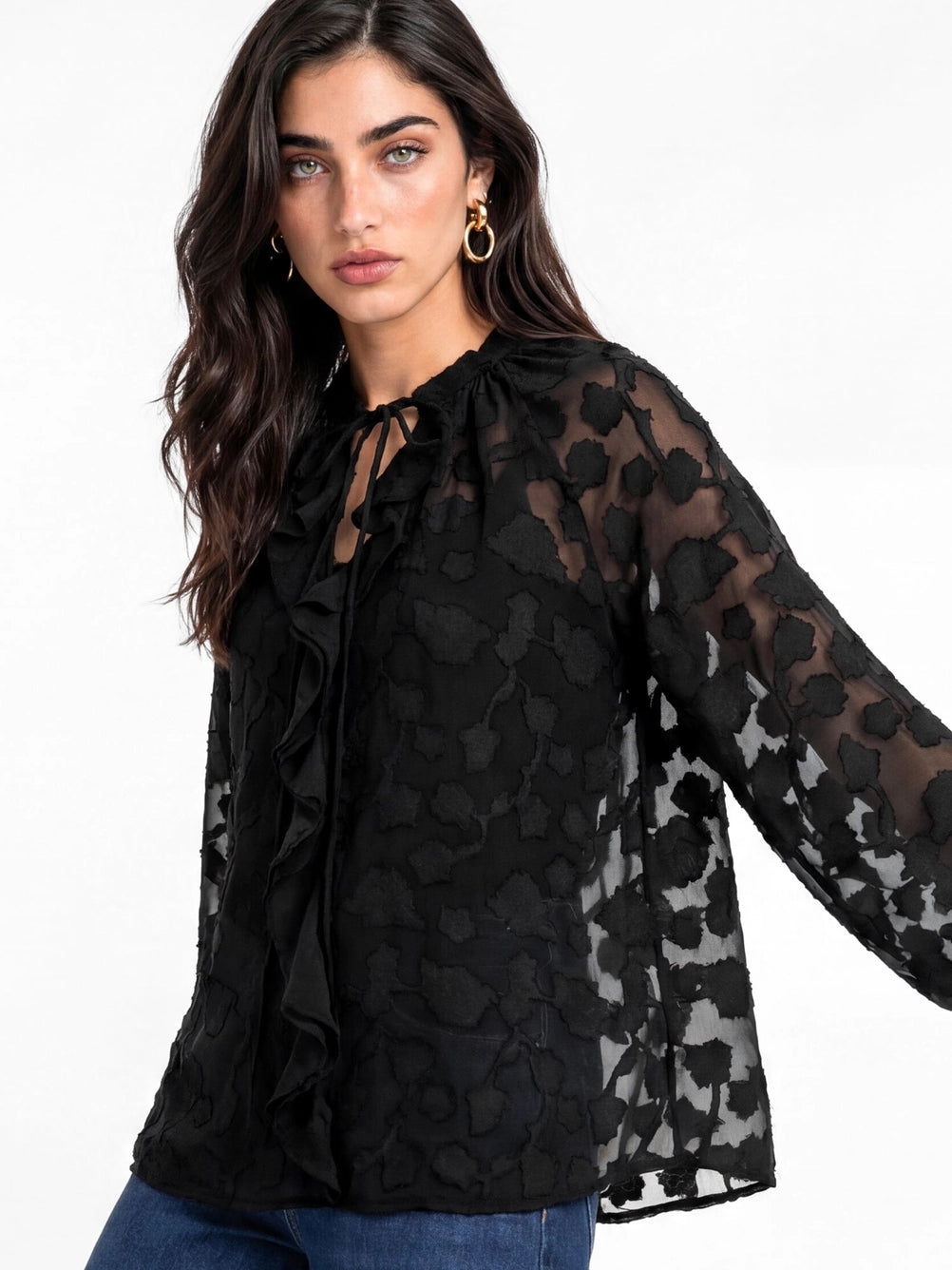 Lovedrobe Black Floral Burnout Raglan Sleeve  Ruffle Blouse