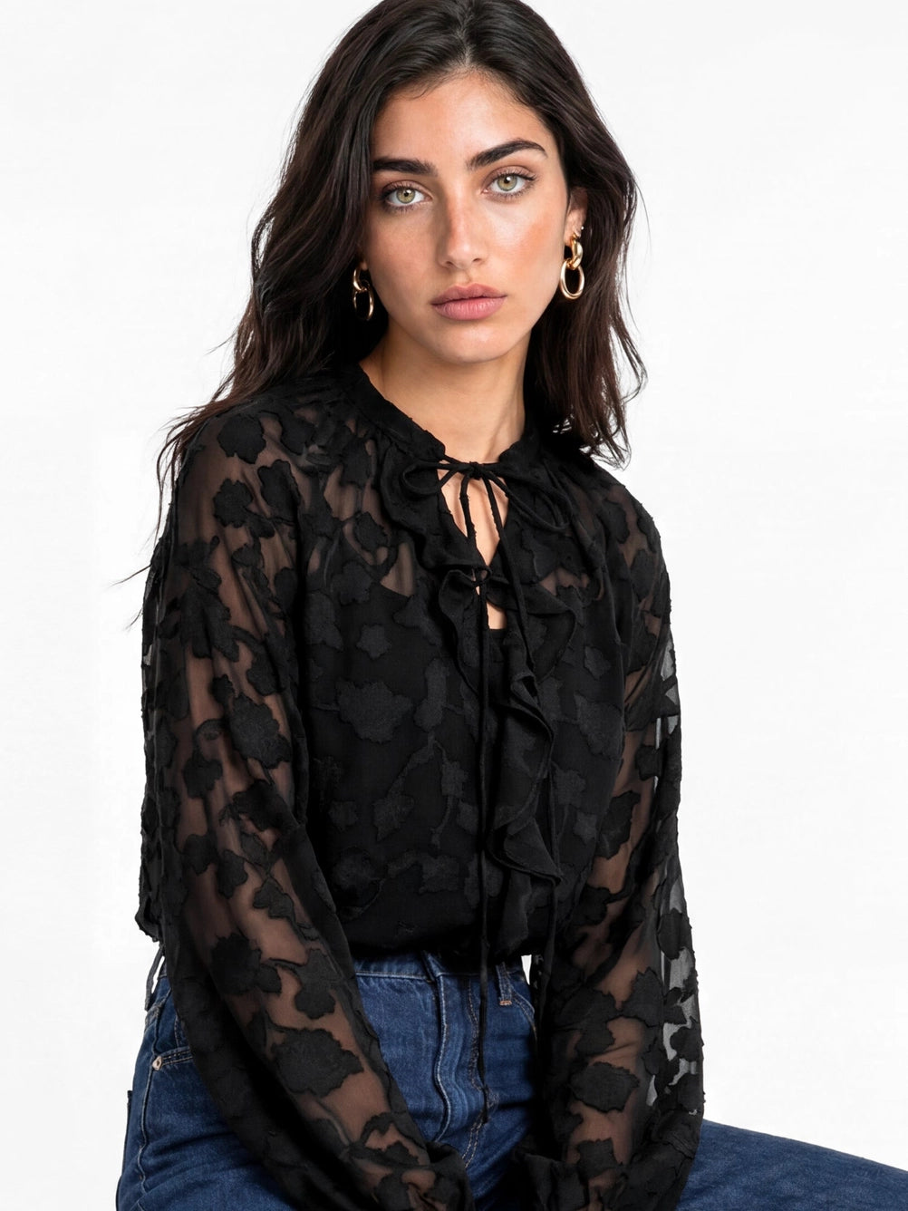 Lovedrobe Black Floral Burnout Raglan Sleeve  Ruffle Blouse