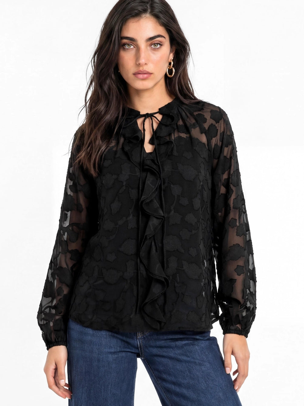 Lovedrobe Black Floral Burnout Raglan Sleeve  Ruffle Blouse