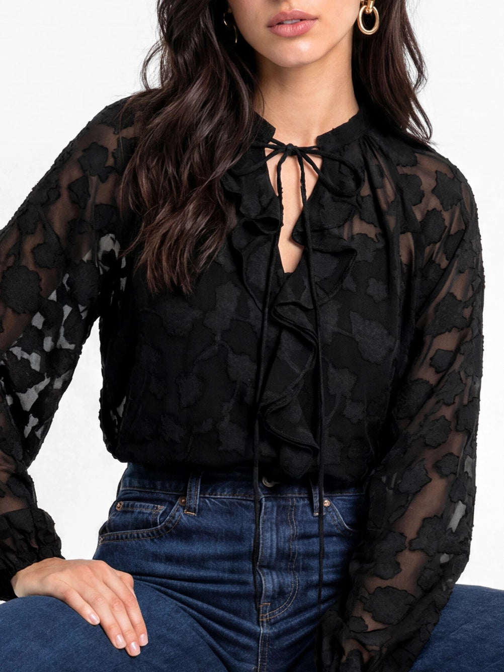 Lovedrobe Black Floral Burnout Raglan Sleeve  Ruffle Blouse