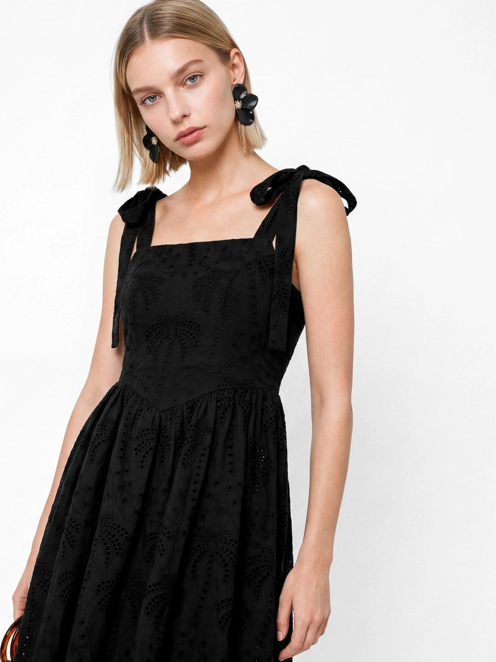 Lovedrobe Palm Broderie Black Tie Shoulder Mini Dress