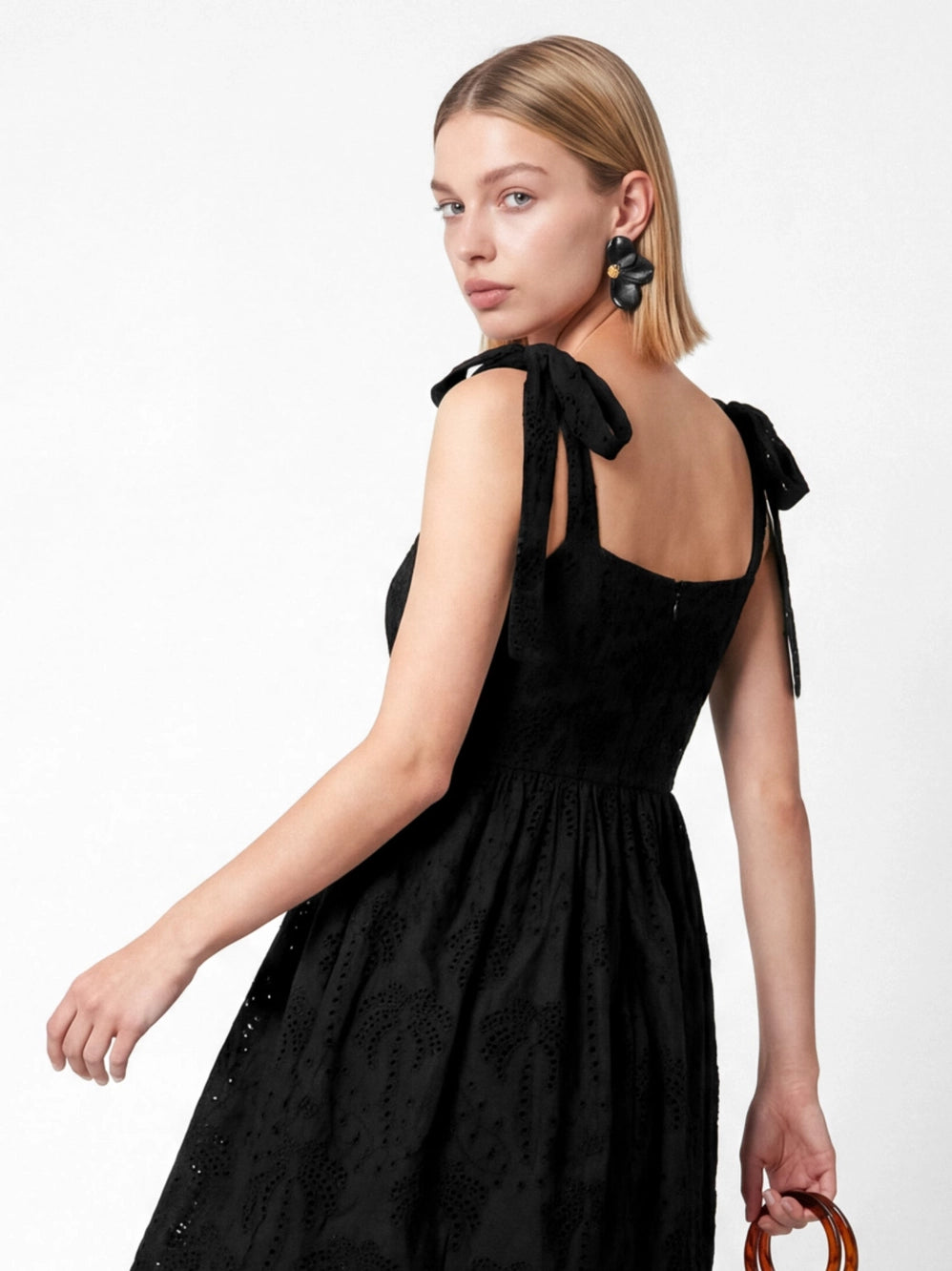 Lovedrobe Palm Broderie Black Tie Shoulder Mini Dress