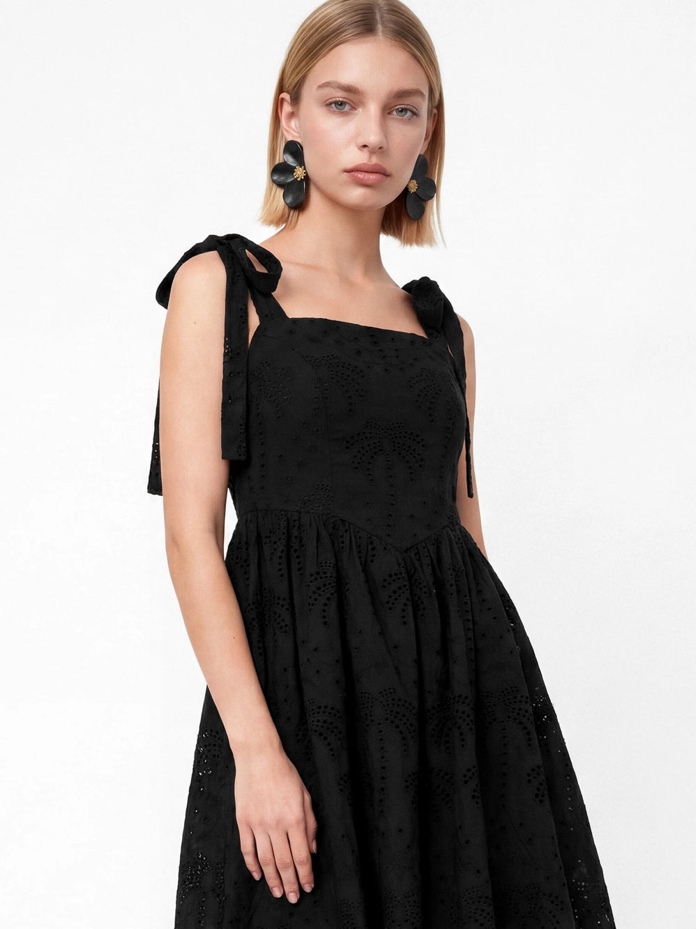 Lovedrobe Palm Broderie Black Tie Shoulder Mini Dress