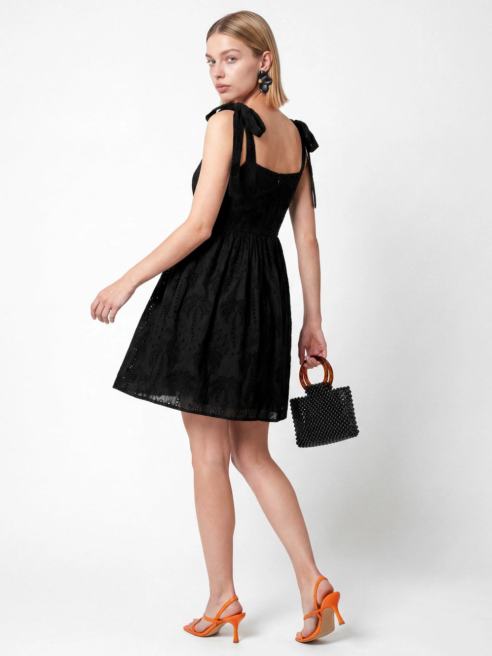 Lovedrobe Palm Broderie Black Tie Shoulder Mini Dress