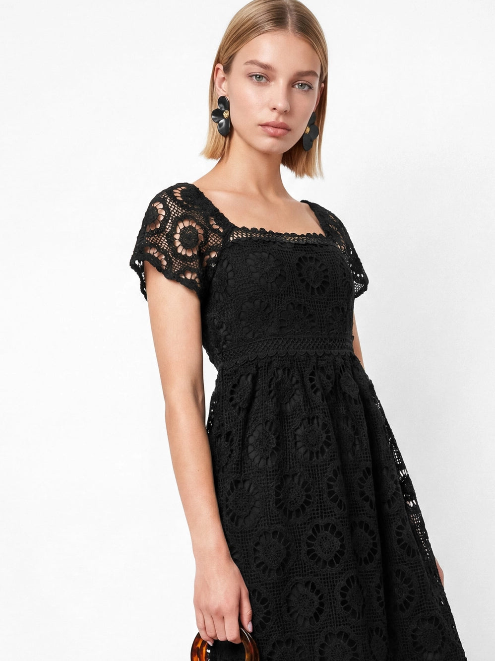 Lovedrobe Black Floral Lace Square Neck Midaxi Dress