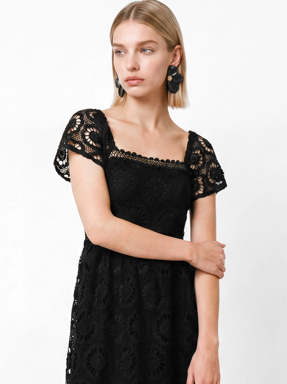Lovedrobe Black Floral Lace Square Neck Midaxi Dress