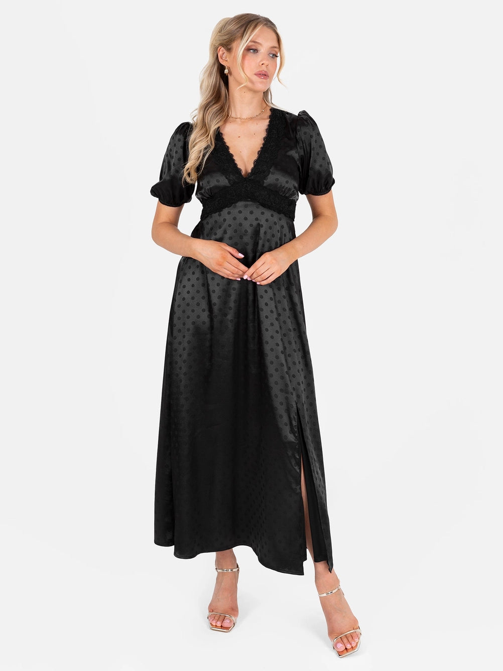 Lovedrobe Black Lace Neckline Polka Dot Satin Midaxi Dress