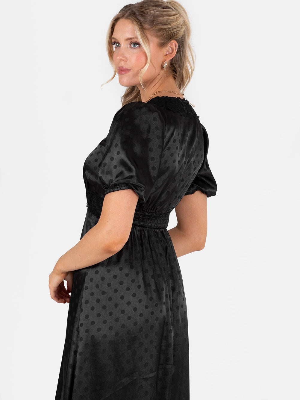Lovedrobe Black Lace Neckline Polka Dot Satin Midaxi Dress