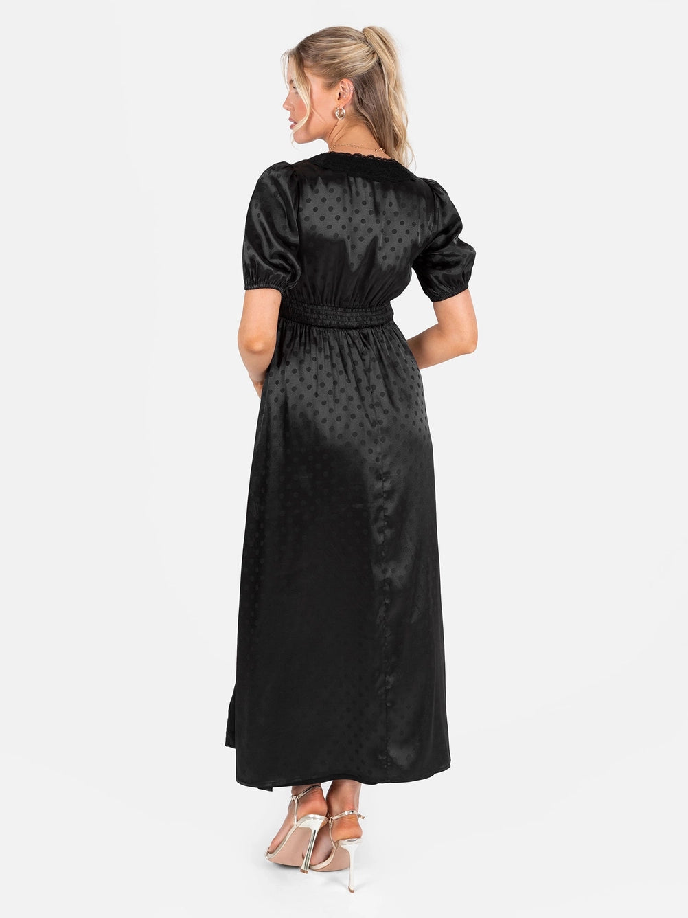 Lovedrobe Black Lace Neckline Polka Dot Satin Midaxi Dress