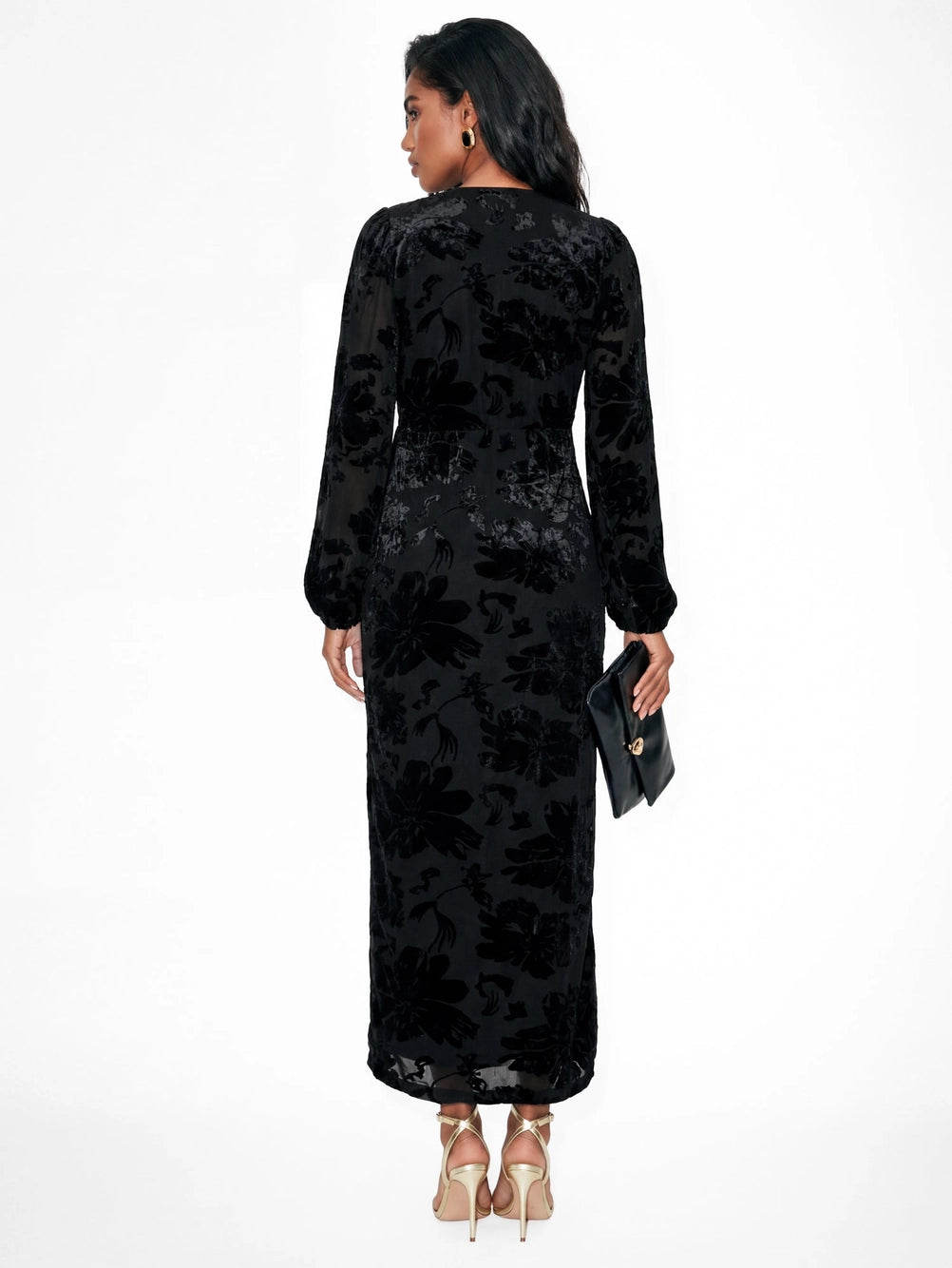 Lovedrobe Black Floral Long Sleeved Velvet Midaxi Dress
