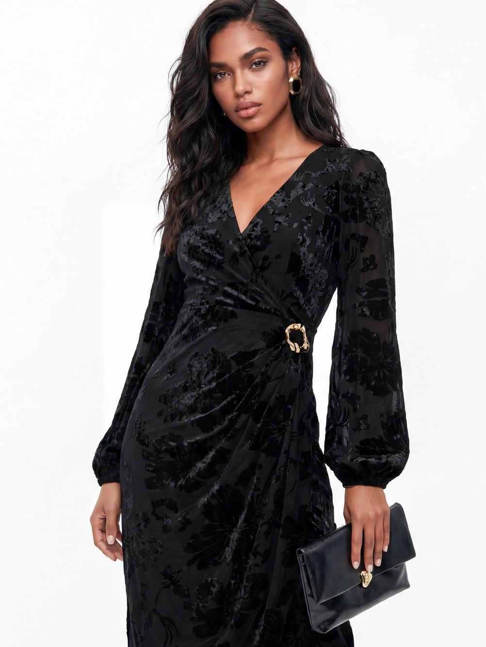 Lovedrobe Black Floral Long Sleeved Velvet Midaxi Dress