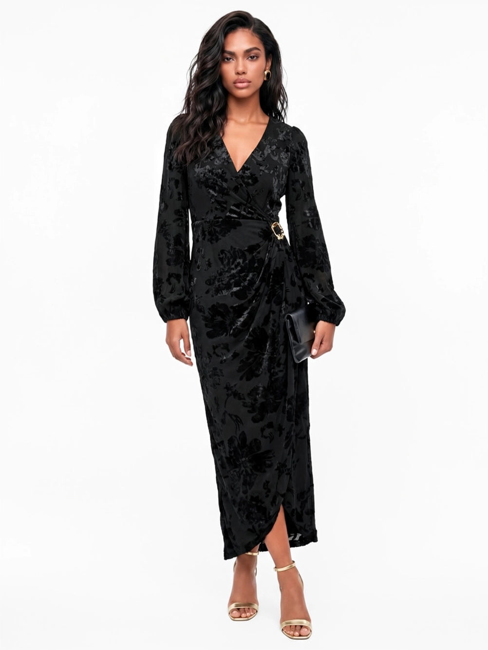 Lovedrobe Black Floral Long Sleeved Velvet Midaxi Dress