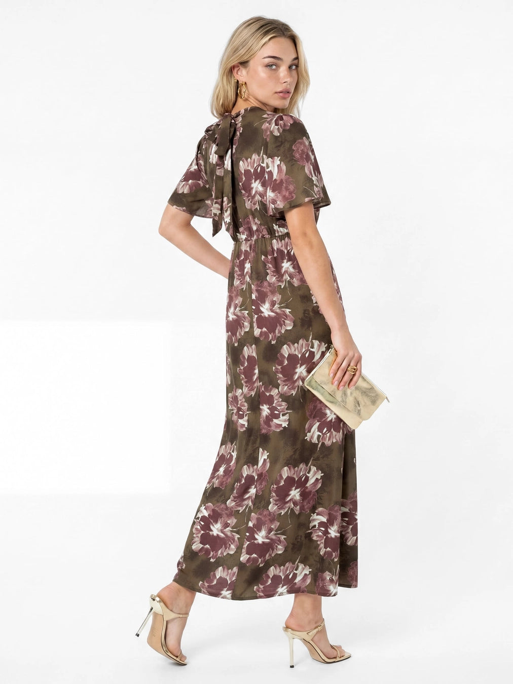 Lovedrobe Brown Floral Tie Back Angel Sleeve Midaxi Dress