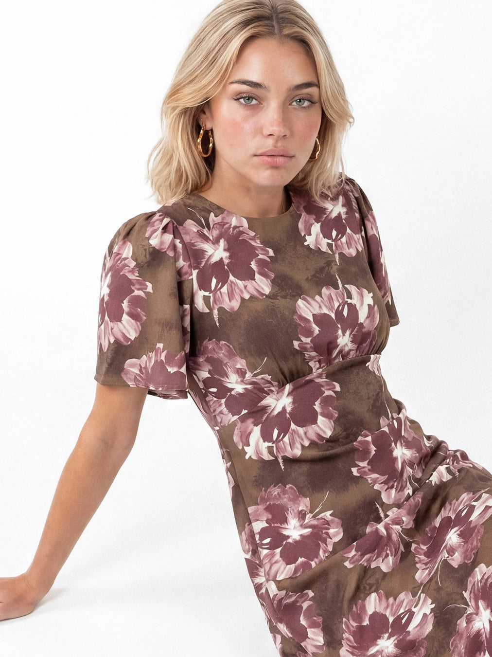 Lovedrobe Brown Floral Tie Back Angel Sleeve Midaxi Dress