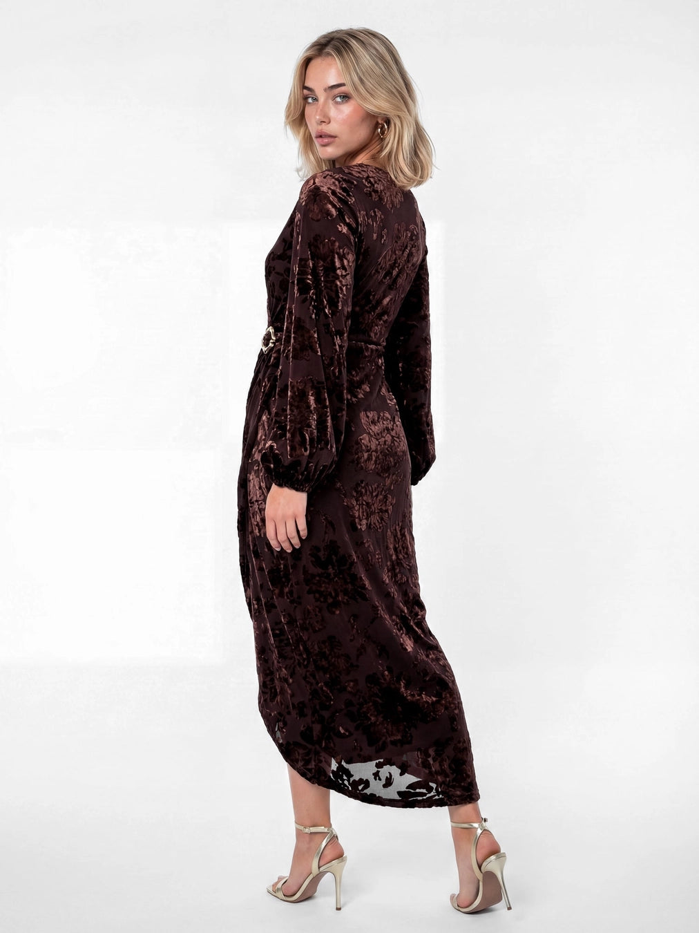 Lovedrobe Velvet Devore Brown Faux Wrap Midaxi Dress