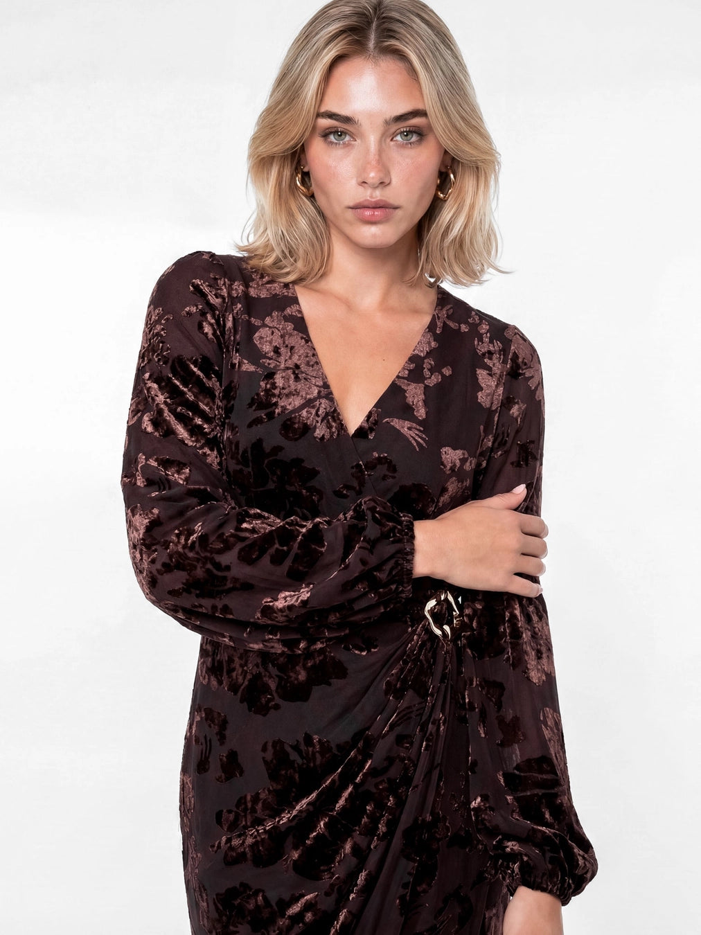 Lovedrobe Velvet Devore Brown Faux Wrap Midaxi Dress
