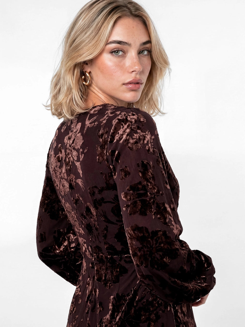 Lovedrobe Velvet Devore Brown Faux Wrap Midaxi Dress