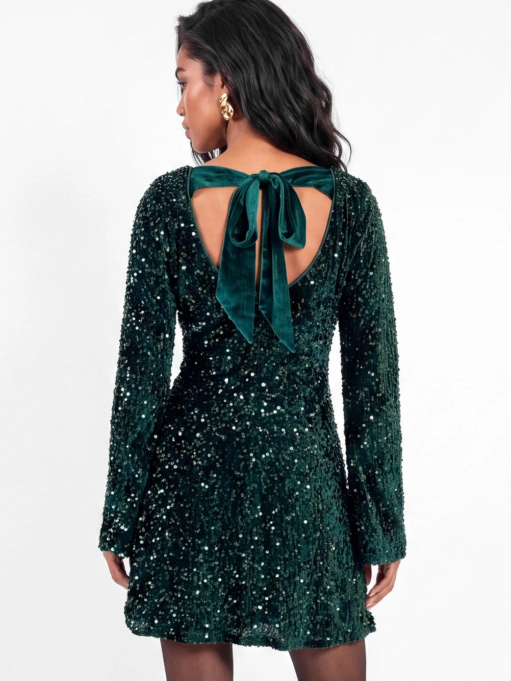 Lovedrobe Emerald Green Embellished Velvet Tie Back Bow Mini Dress