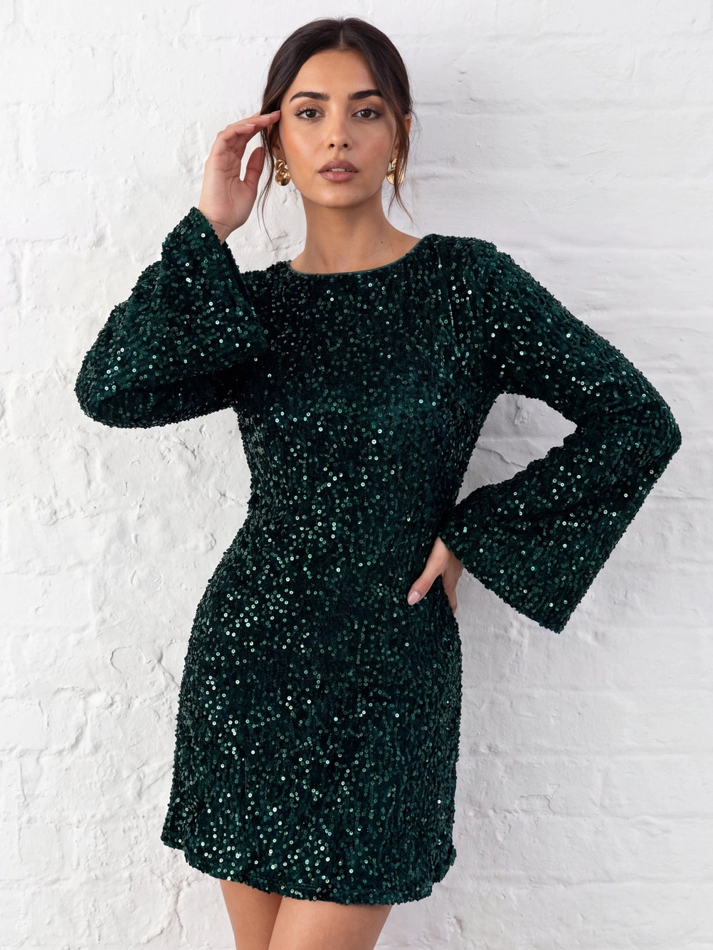 Lovedrobe Emerald Green Embellished Velvet Tie Back Bow Mini Dress