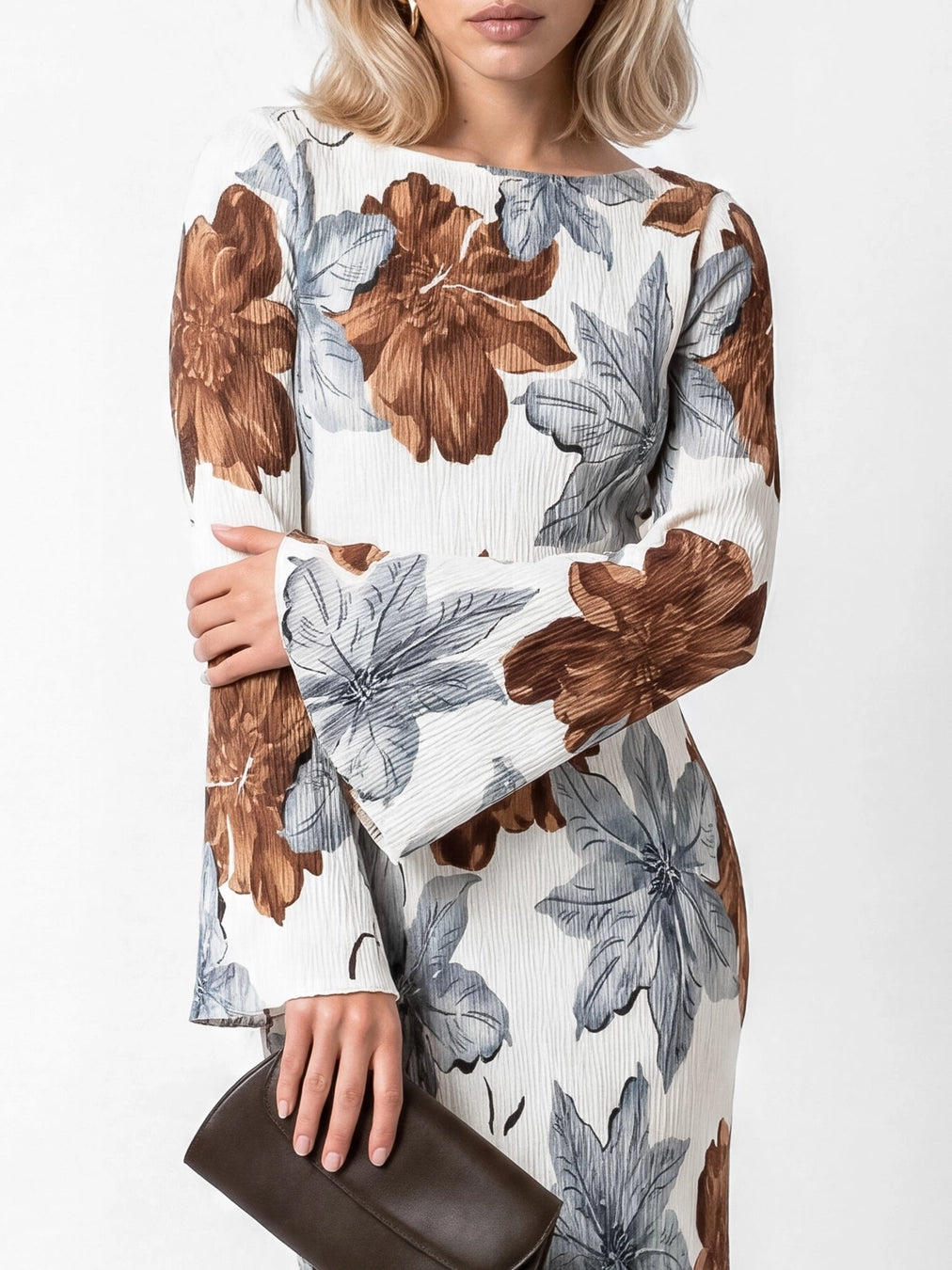 Lovedrobe Cream Brown Floral Plisse Long Sleeve Maxi Dress