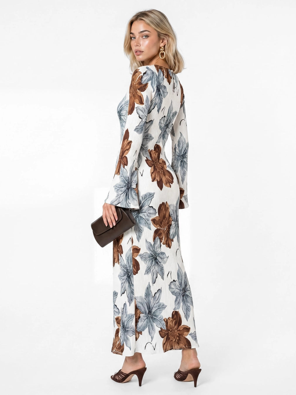 Lovedrobe Cream Brown Floral Plisse Long Sleeve Maxi Dress