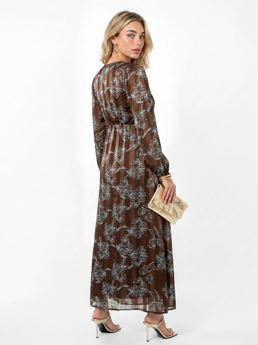 Lovedrobe Floral Print Burnout Satin Strupe Brown Midaxi Dress