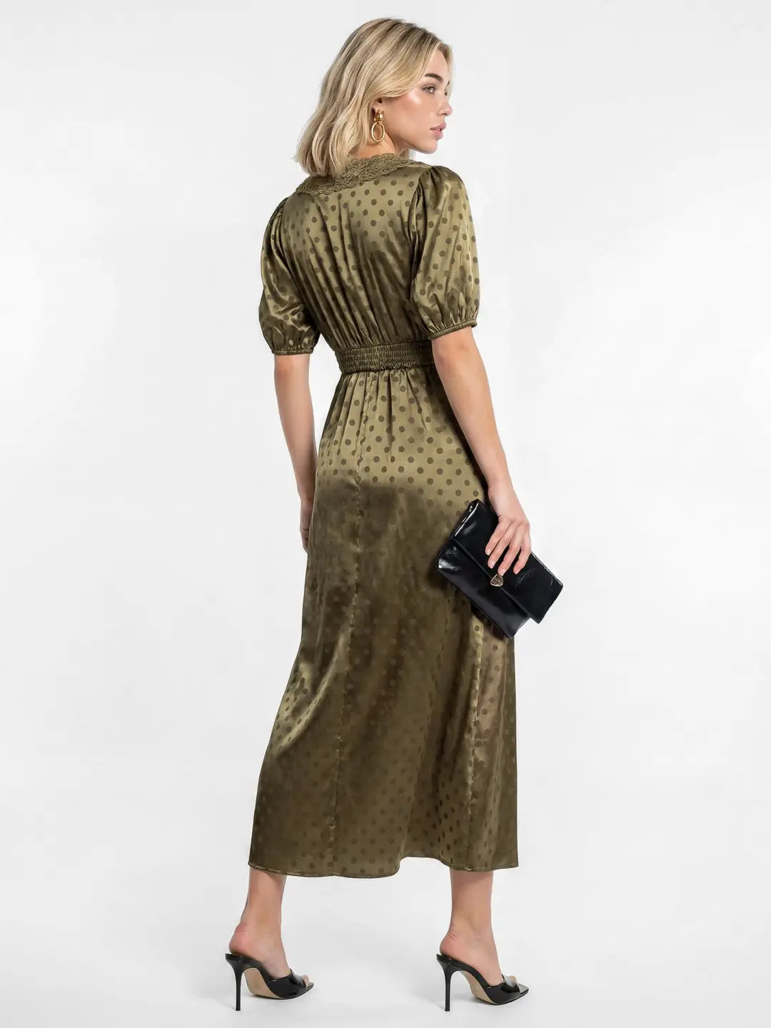 Lovedrobe Olive Green Polka Dot Satin Midaxi Dress