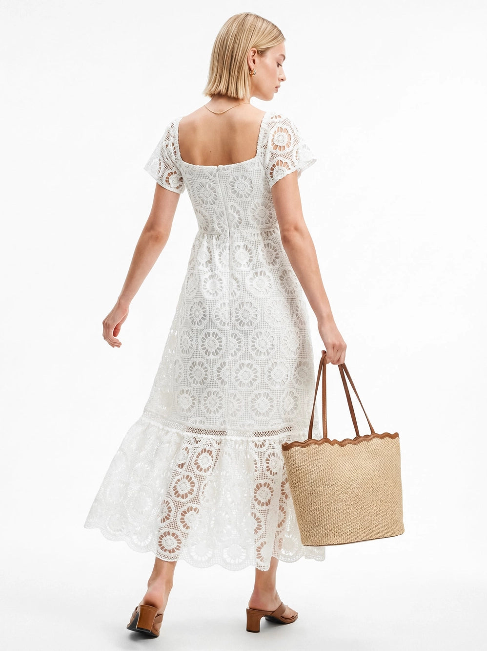Lovedrobe Cream Floral Lace Square Neck Midaxi Dress