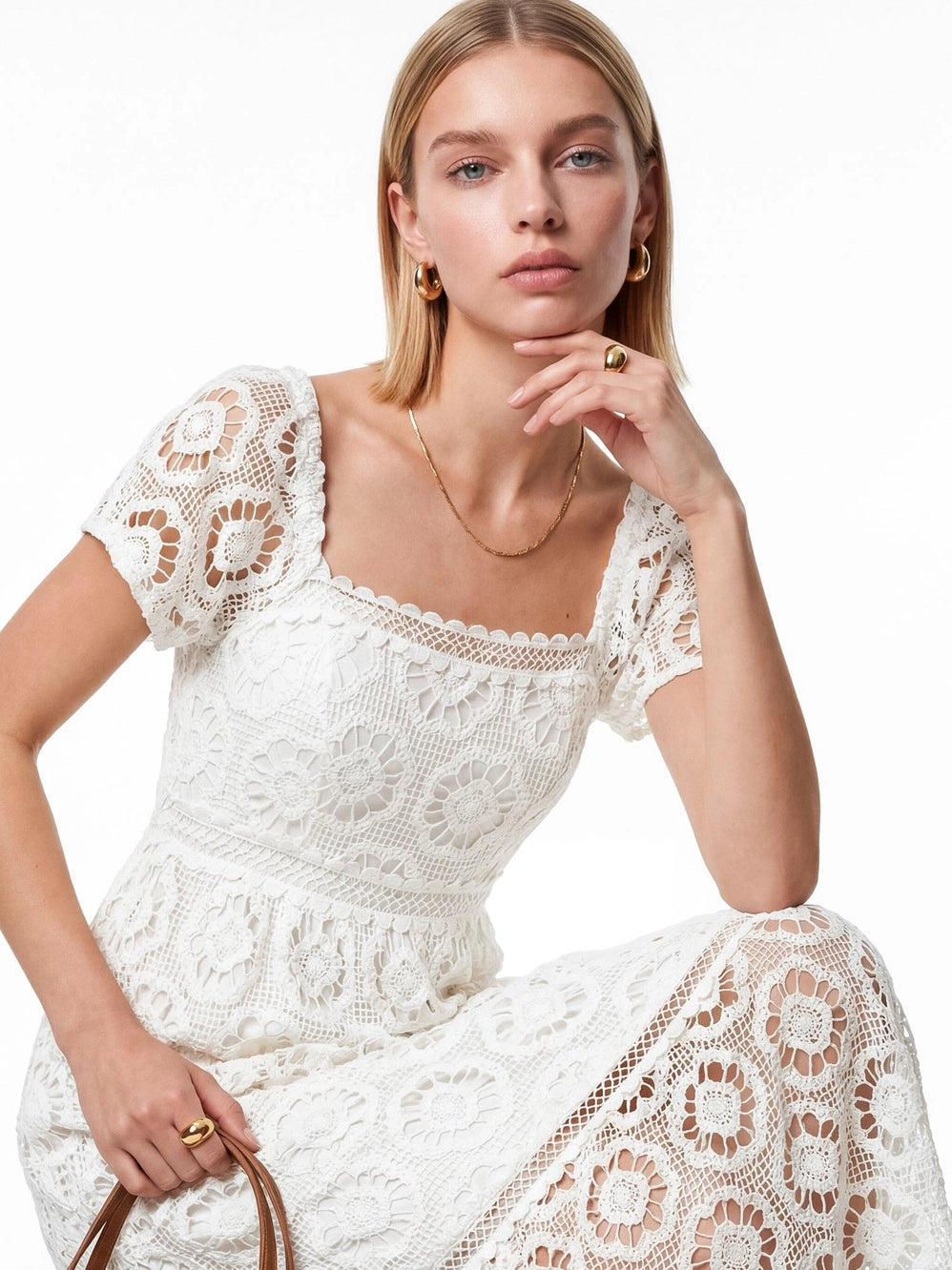Lovedrobe Cream Floral Lace Square Neck Midaxi Dress