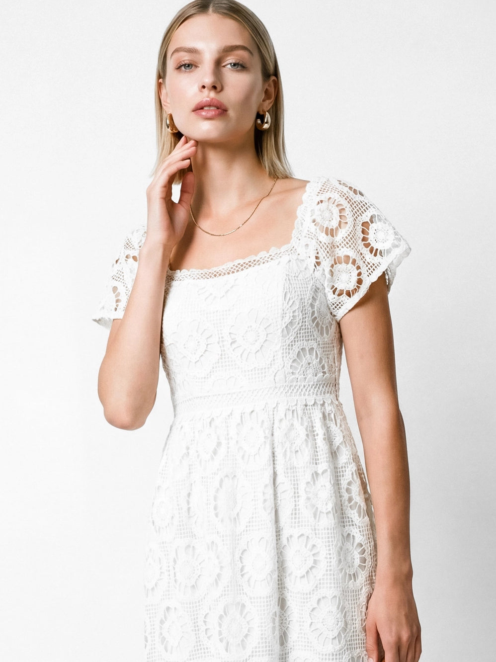 Lovedrobe Cream Floral Lace Square Neck Midaxi Dress