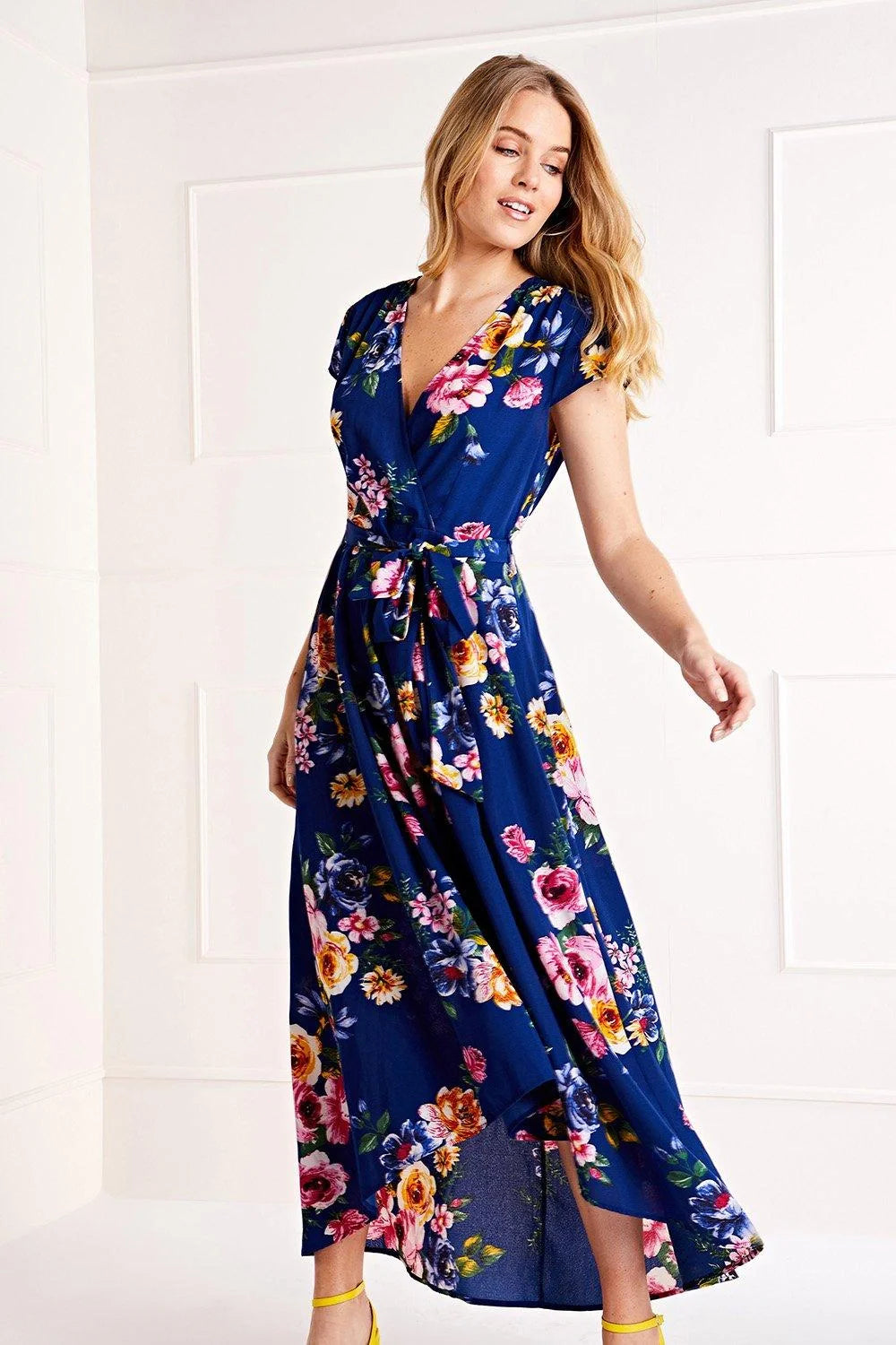 Yumi Mela Blue Floral Wrap Over Dipped Hem Midi Dress