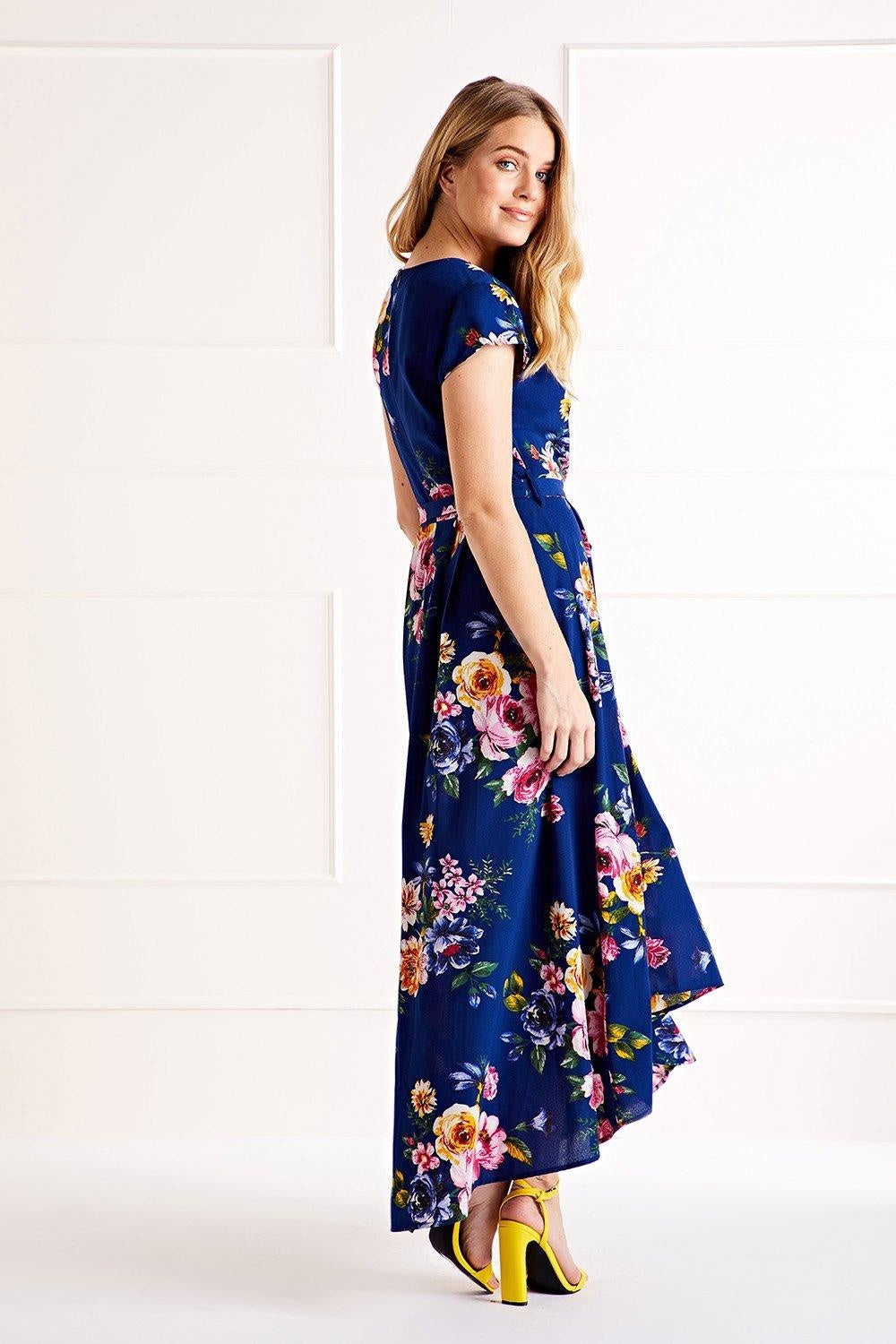 Yumi Mela Blue Floral Wrap Over Dipped Hem Midi Dress