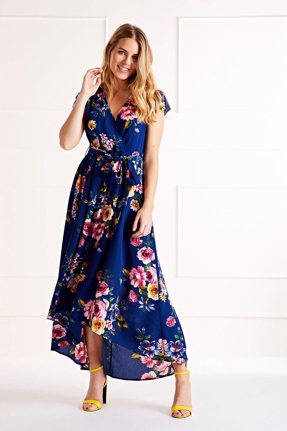 Yumi Mela Blue Floral Wrap Over Dipped Hem Midi Dress
