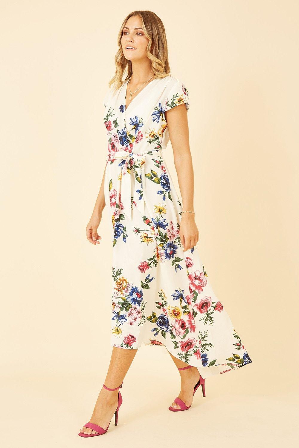 Yumi Mela Ivory Floral Wrap Dip Hem Dress