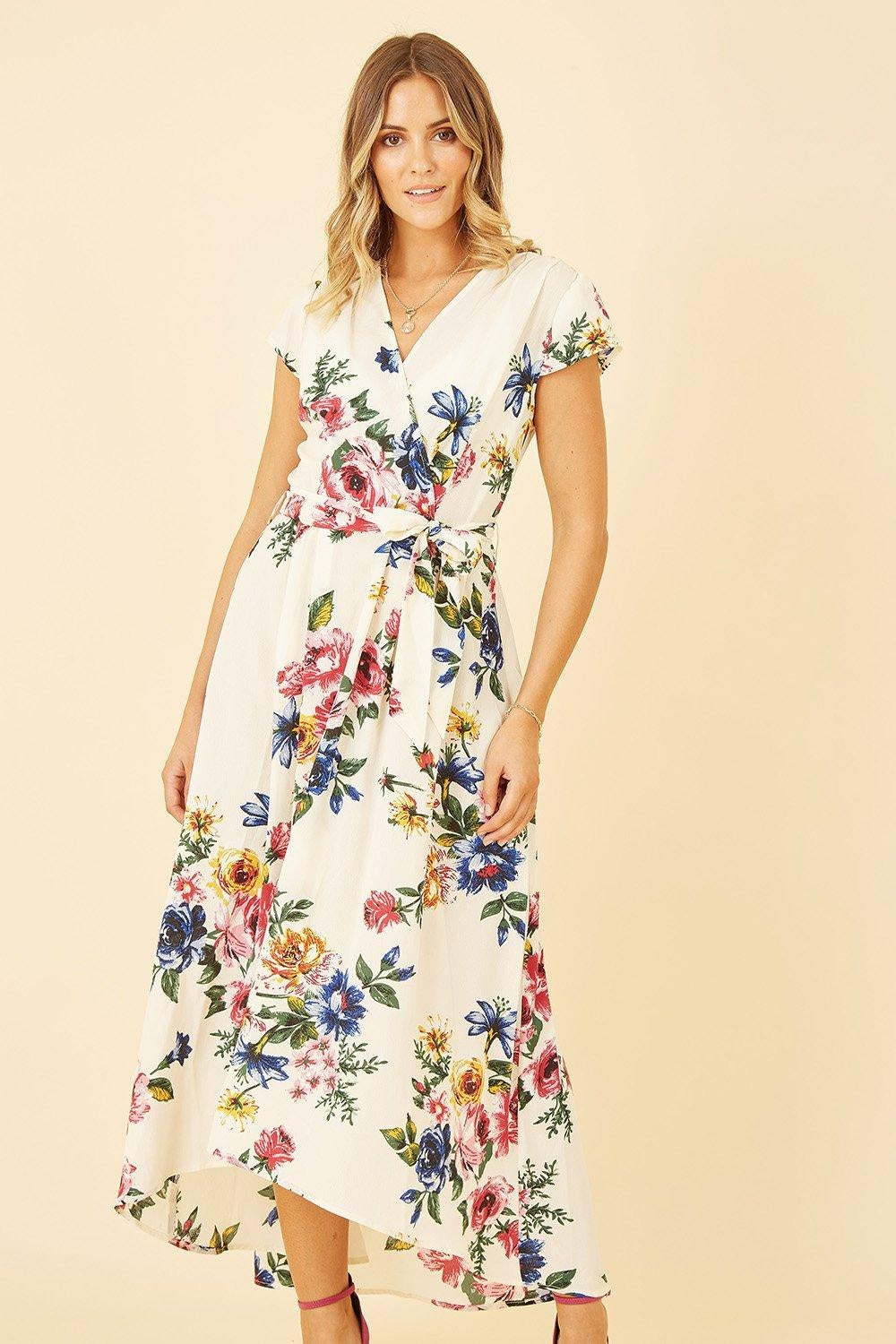 Yumi Mela Ivory Floral Wrap Dip Hem Dress