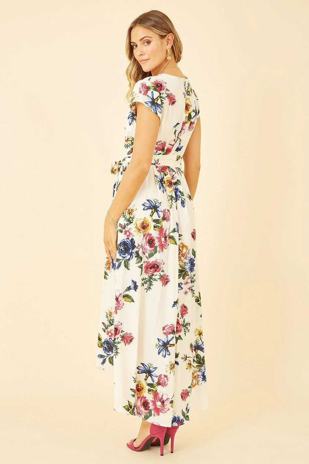 Yumi Mela Ivory Floral Wrap Dip Hem Dress