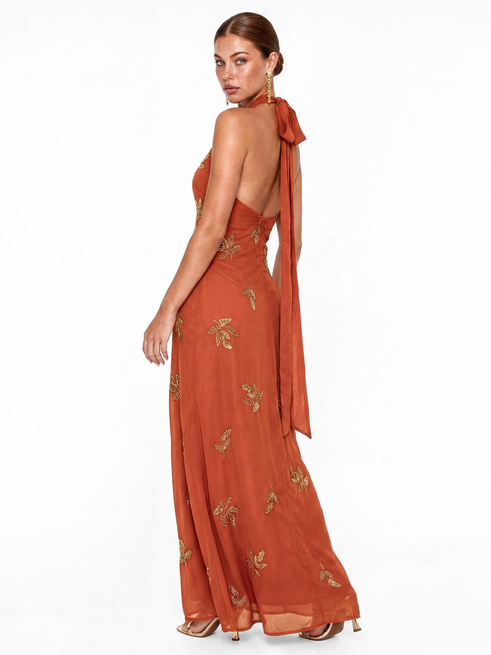 Maya Burnt Orange Embellished Halterneck Maxi Dress