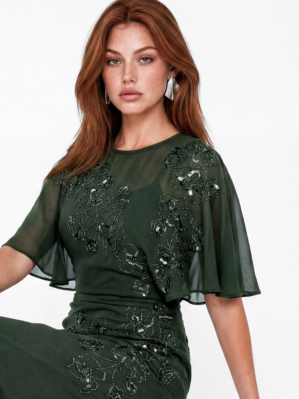 Maya Angel Sleeve Embellished Forest Green Maxi Dress
