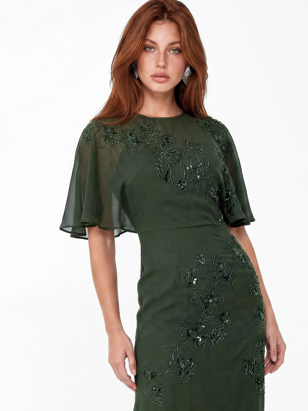 Maya Angel Sleeve Embellished Forest Green Maxi Dress