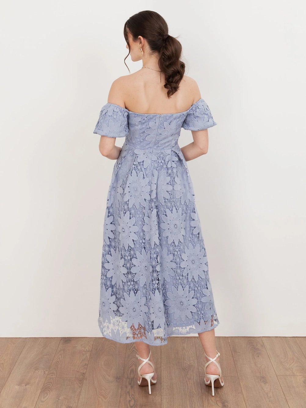 Maya Wisteria Blue Bardot Puff Lace Midi Dress