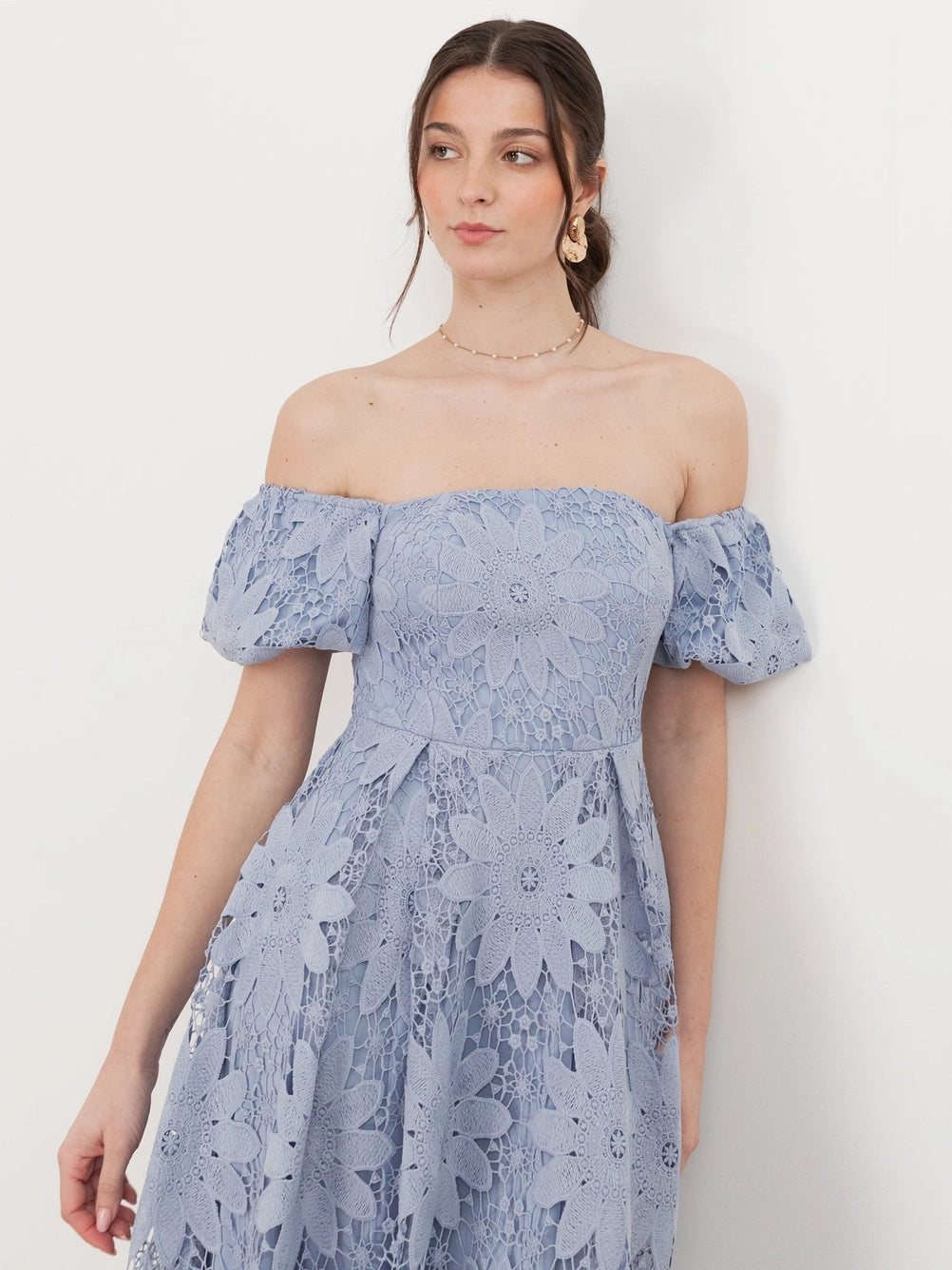 Maya Wisteria Blue Bardot Puff Lace Midi Dress