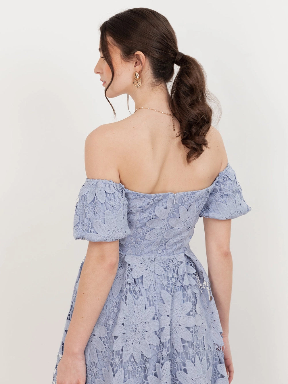 Maya Wisteria Blue Bardot Puff Lace Midi Dress
