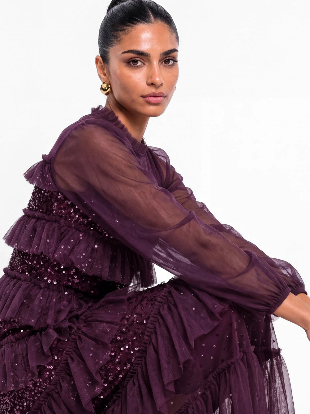 Maya Berry Embellished Ruffle Tiered Maxi Dress