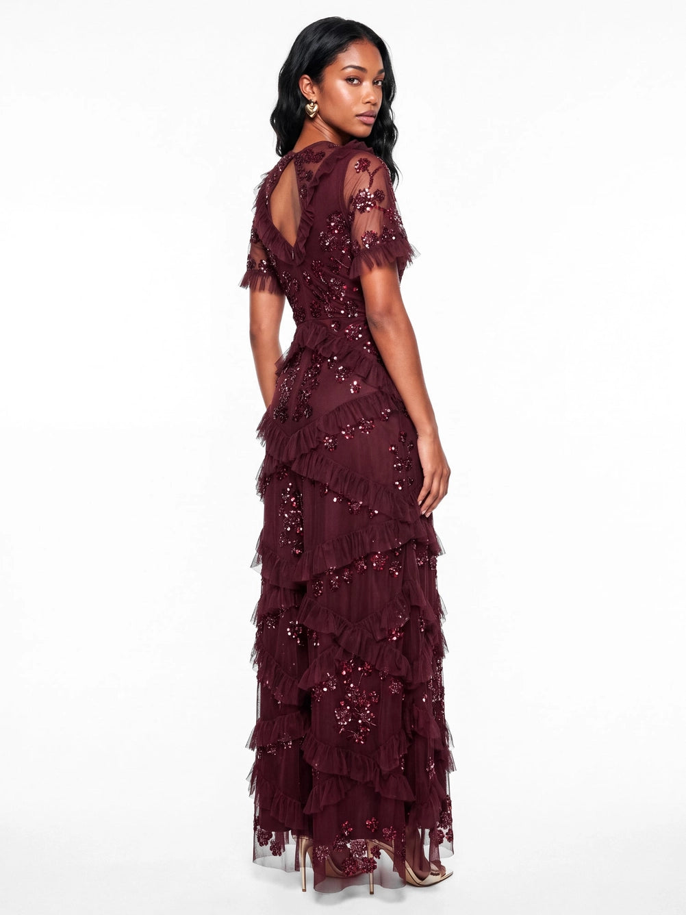 Maya Red Berry Embellished Angel Sleeve Ruffle Maxi Dress